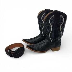 Western Cowboy Boots Women Size 8.5 Matching Belt Size S Caiman Black Leather